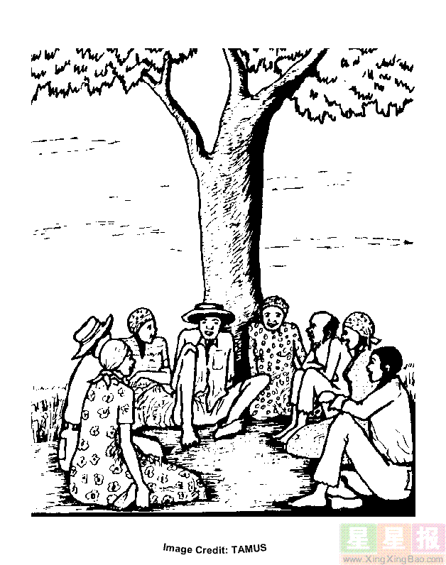 八个人坐在树下讨论事简笔画