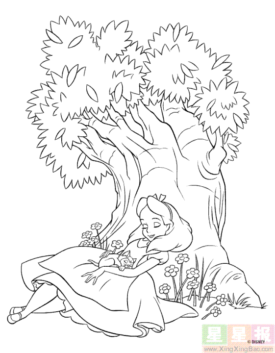 漂亮的女孩抱着小猫在大树下睡觉简笔画